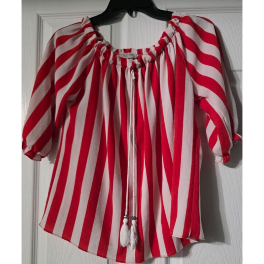 April Red White Striped Peasant Blouse Off The Shoulder Game Day Transition Top